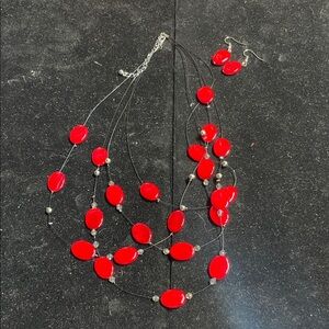 Bright Red Multi Strand Oval Beaded Necklace & Earring Set. NWOT